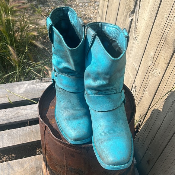 🤠REFASHIONED TURQUOISE LEATHER WESTERN ANKLE BOOTS SIZE 38-7 - Picture 7 of 9